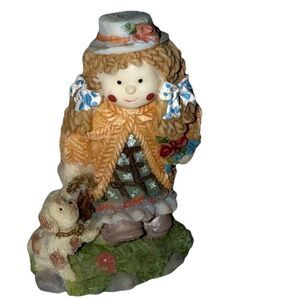 Vintage Girl with Puppy Figurine Checkered Pigtail Sweet Cottage farmhouse charm